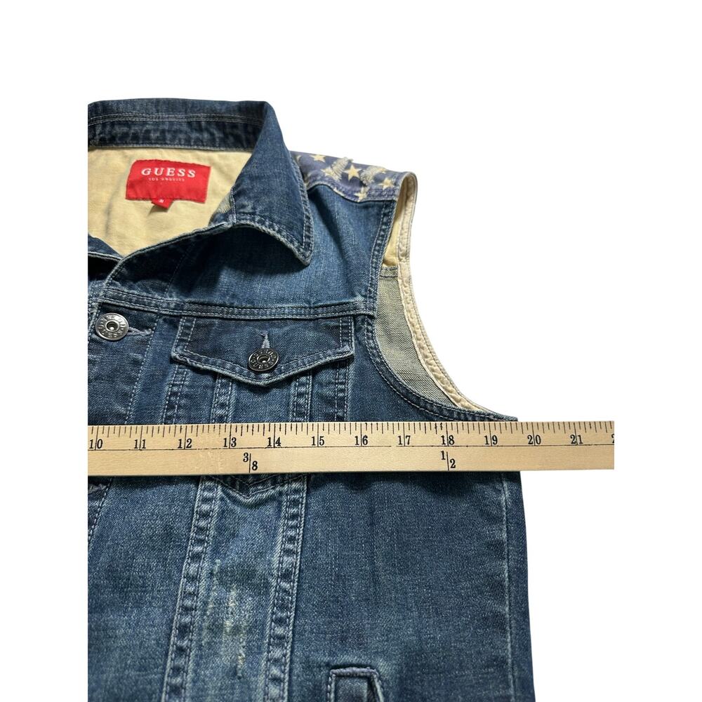 Guess Women's Sleeveless Denim Jacket with American Flag Yoke - Blue, Red, White - Picture 6 of 9